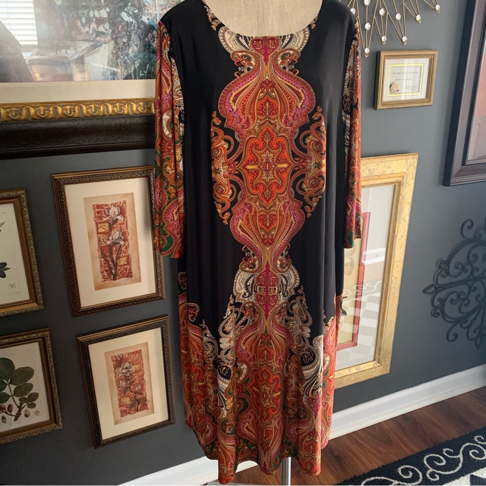 Catherines Black & Red/Orange medallion print, 3/4 Sleeve, Dress